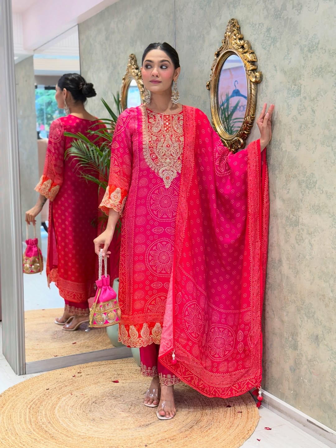 Premium Pink & Red Bandhani Print Crepe Kurta Set with Embroidered Neckline