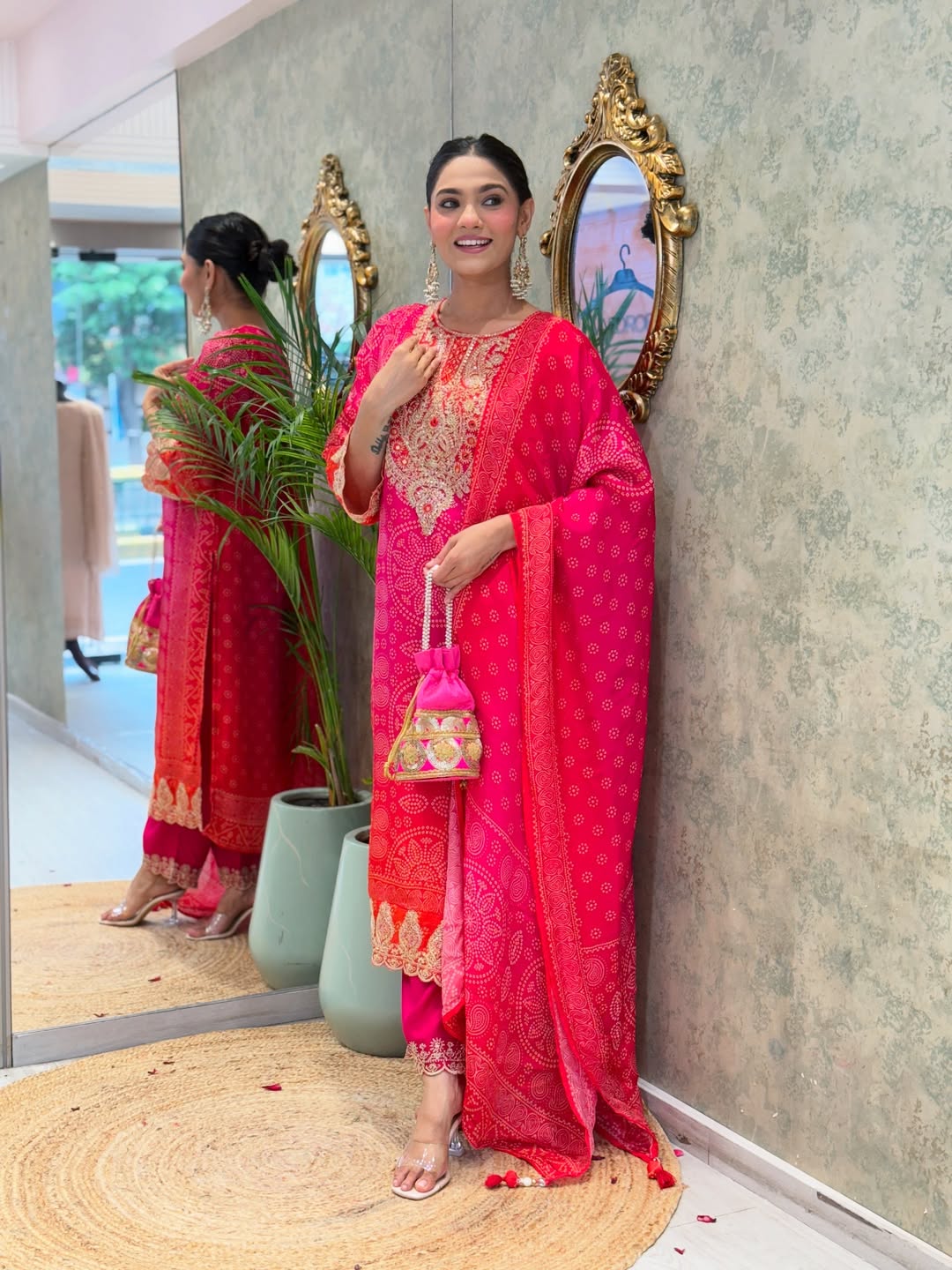 Premium Pink & Red Bandhani Print Crepe Kurta Set with Embroidered Neckline