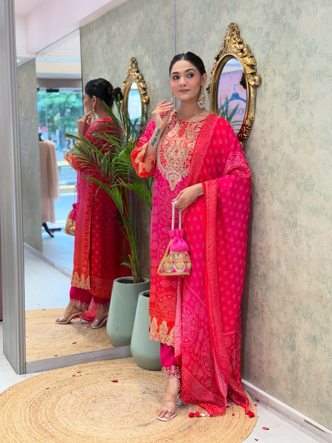 Premium Pink & Red Bandhani Print Crepe Kurta Set with Embroidered Neckline