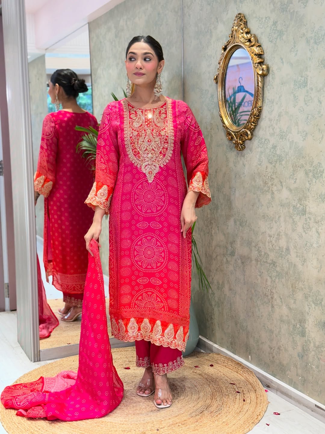 Premium Pink & Red Bandhani Print Crepe Kurta Set with Embroidered Neckline
