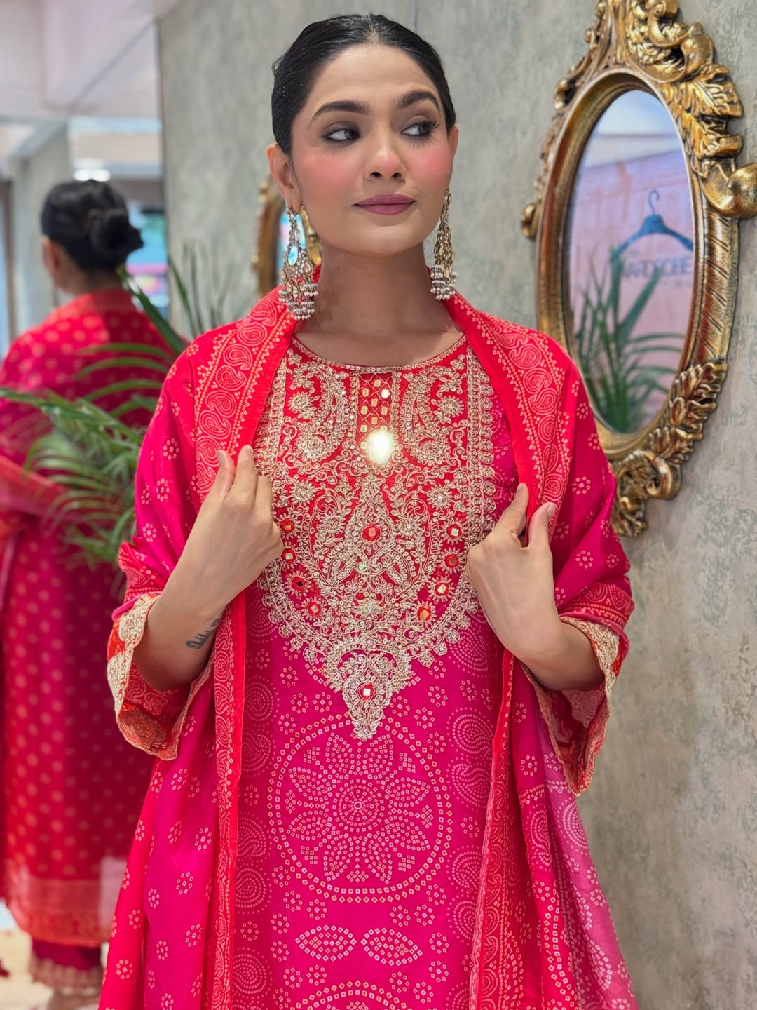 Premium Pink & Red Bandhani Print Crepe Kurta Set with Embroidered Neckline