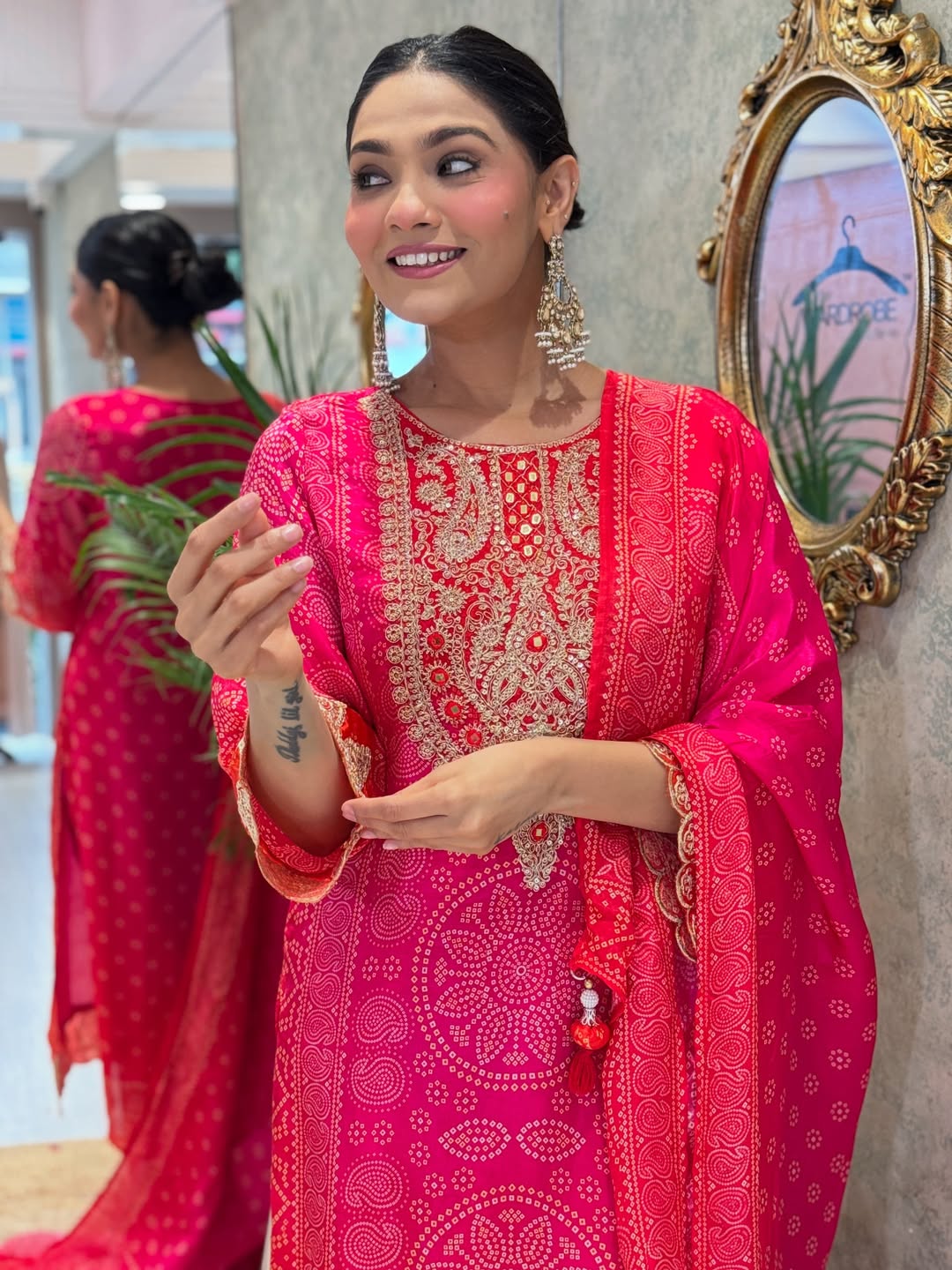 Premium Pink & Red Bandhani Print Crepe Kurta Set with Embroidered Neckline