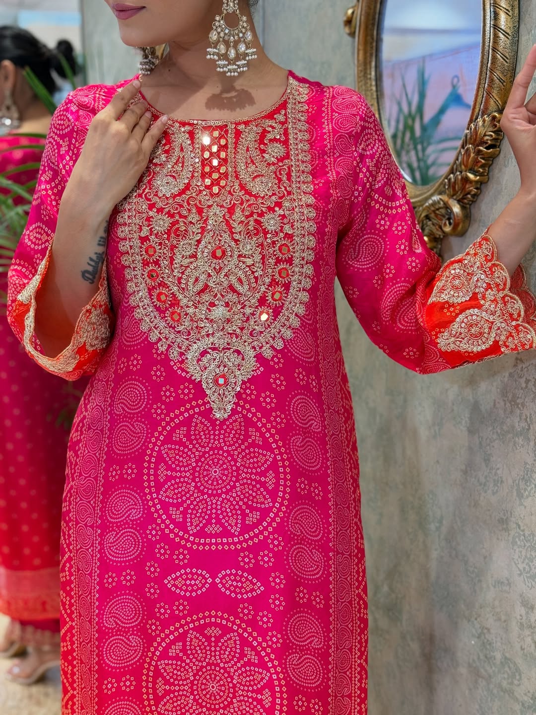Premium Pink & Red Bandhani Print Crepe Kurta Set with Embroidered Neckline