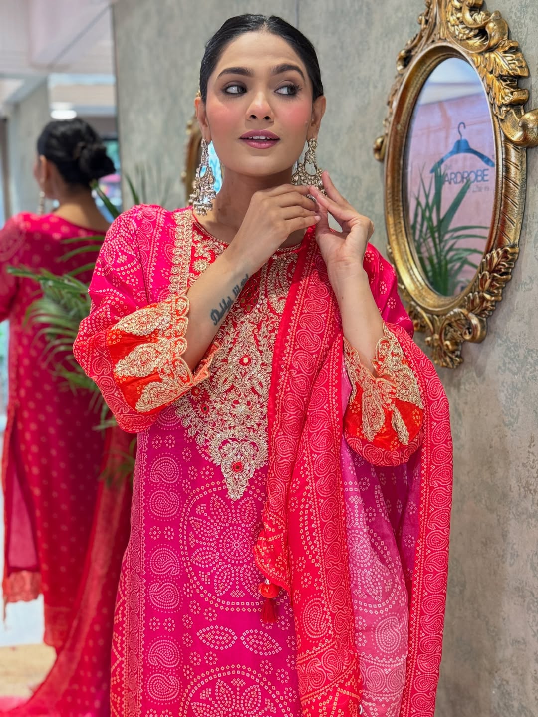 Premium Pink & Red Bandhani Print Crepe Kurta Set with Embroidered Neckline