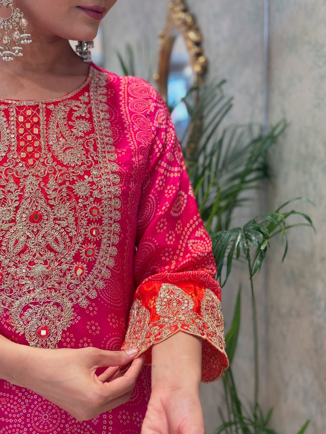 Premium Pink & Red Bandhani Print Crepe Kurta Set with Embroidered Neckline