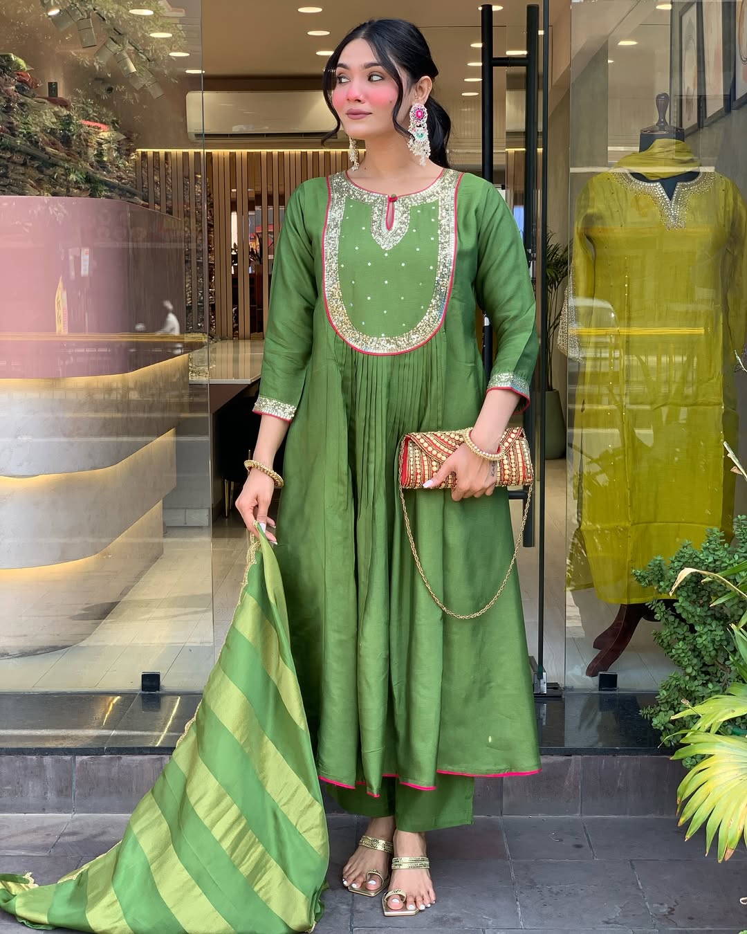 Green Silk Anarkali Kurta Set with Striped Dupatta
