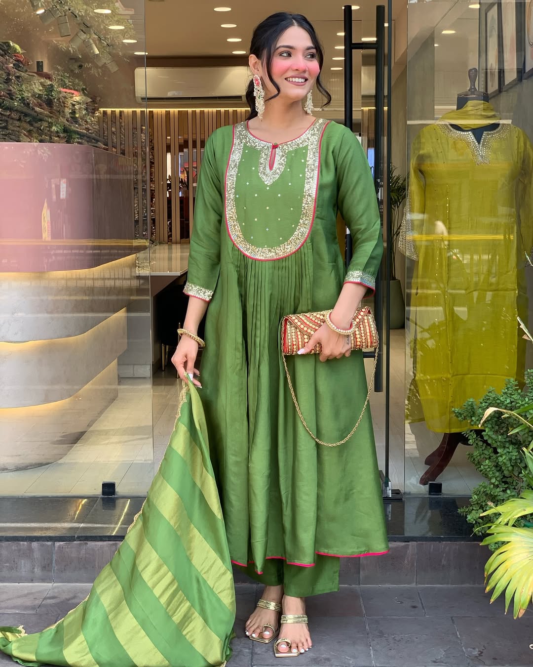 Green Silk Anarkali Kurta Set with Striped Dupatta