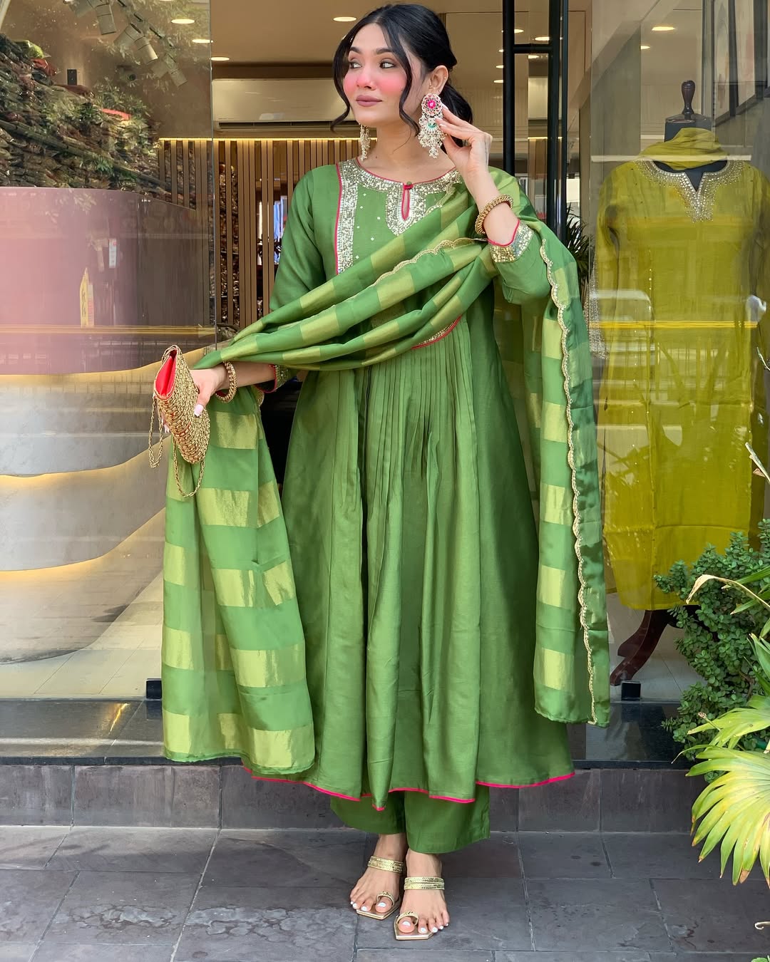 Green Silk Anarkali Kurta Set with Striped Dupatta