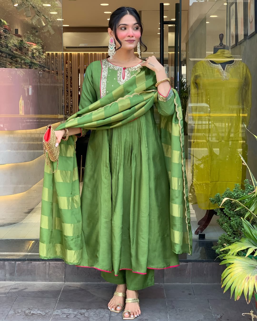 Green Silk Anarkali Kurta Set with Striped Dupatta