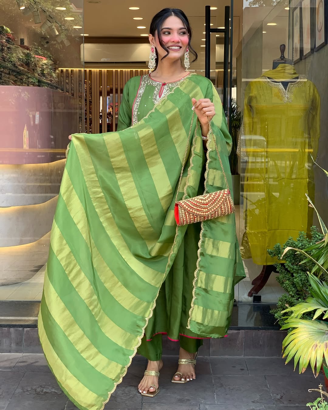 Green Silk Anarkali Kurta Set with Striped Dupatta