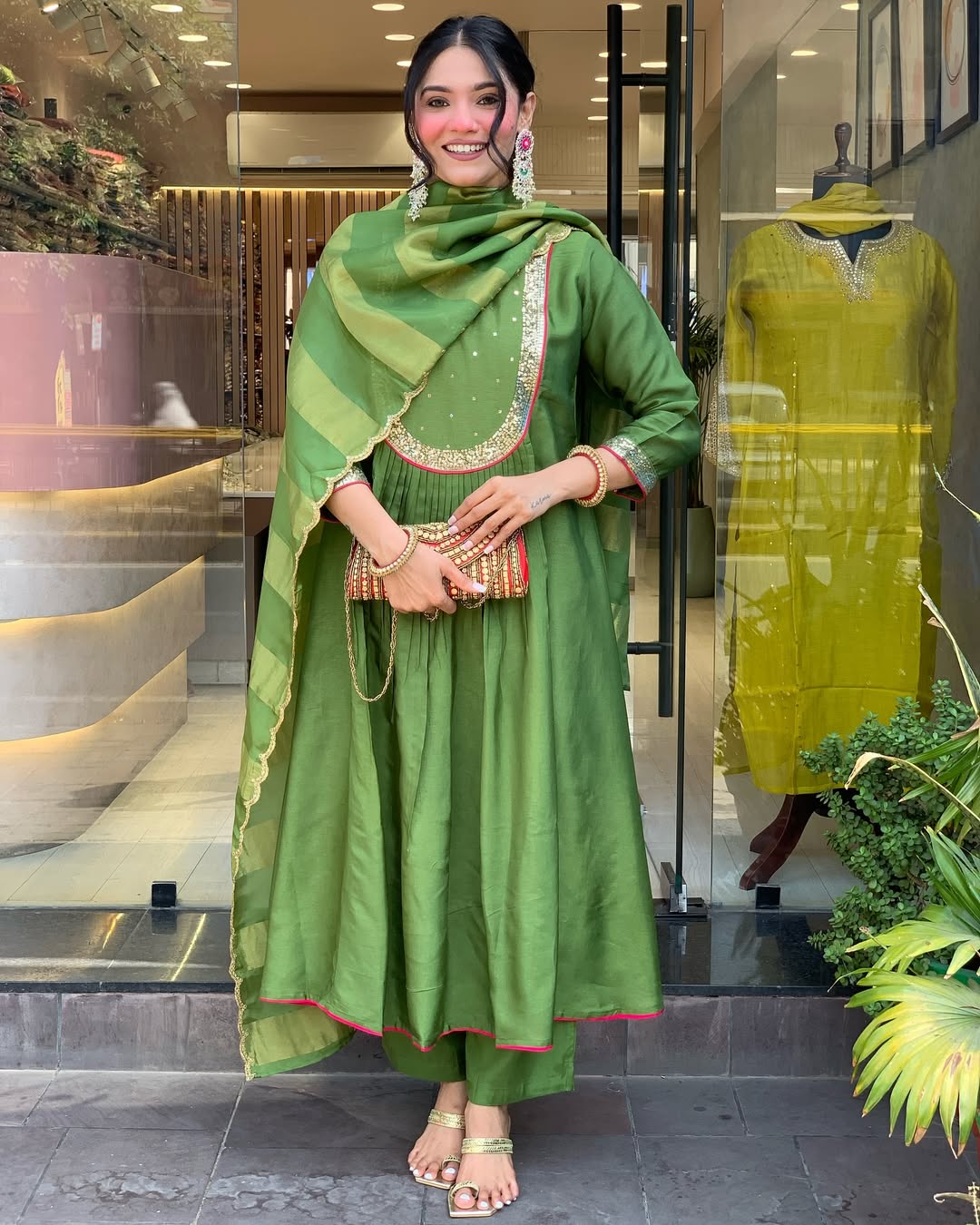 Green Silk Anarkali Kurta Set with Striped Dupatta