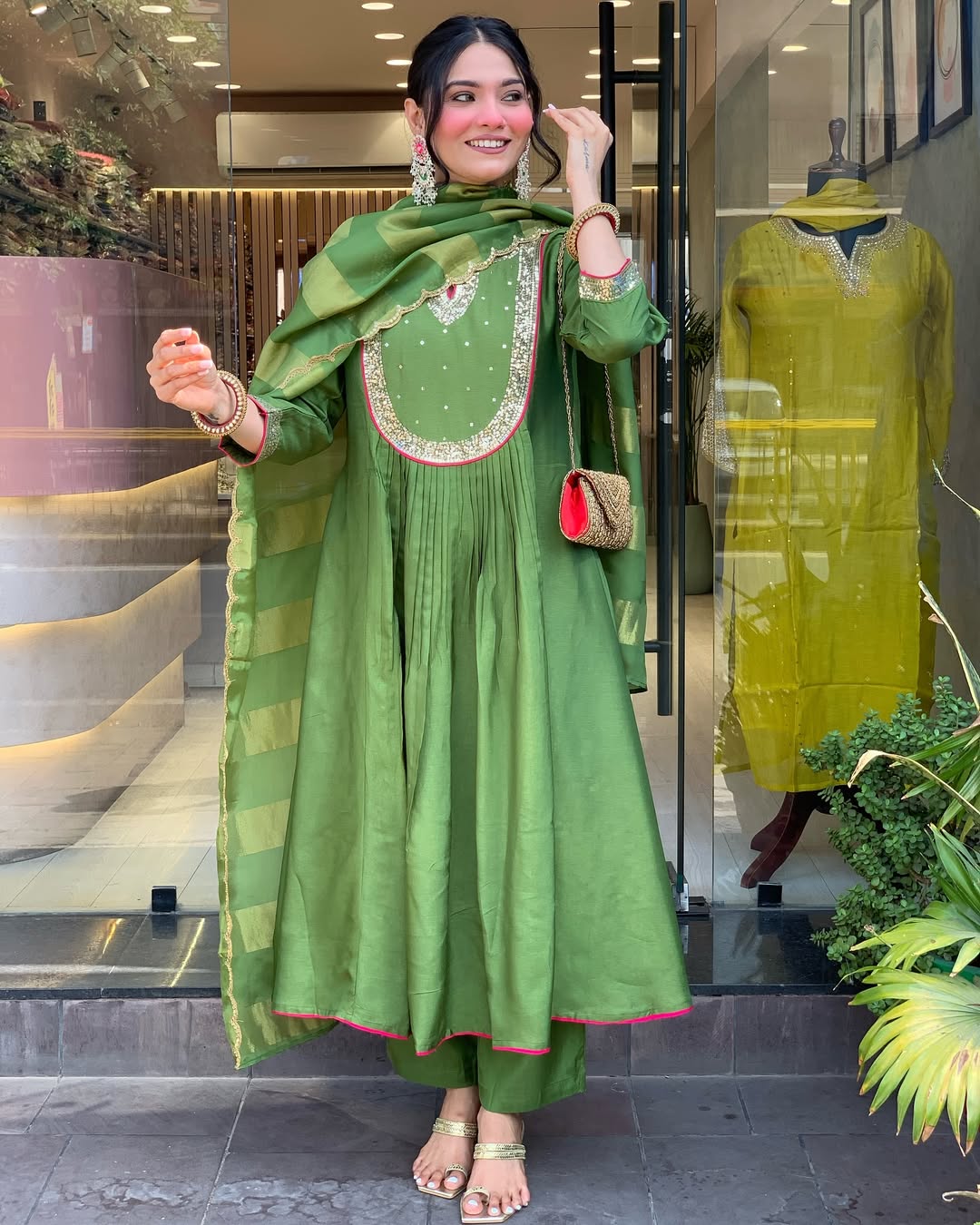 Green Silk Anarkali Kurta Set with Striped Dupatta