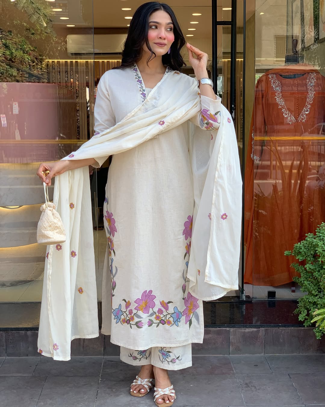 Off-White Cotton Floral Embroidered Kurta Pant Set with Dupatta