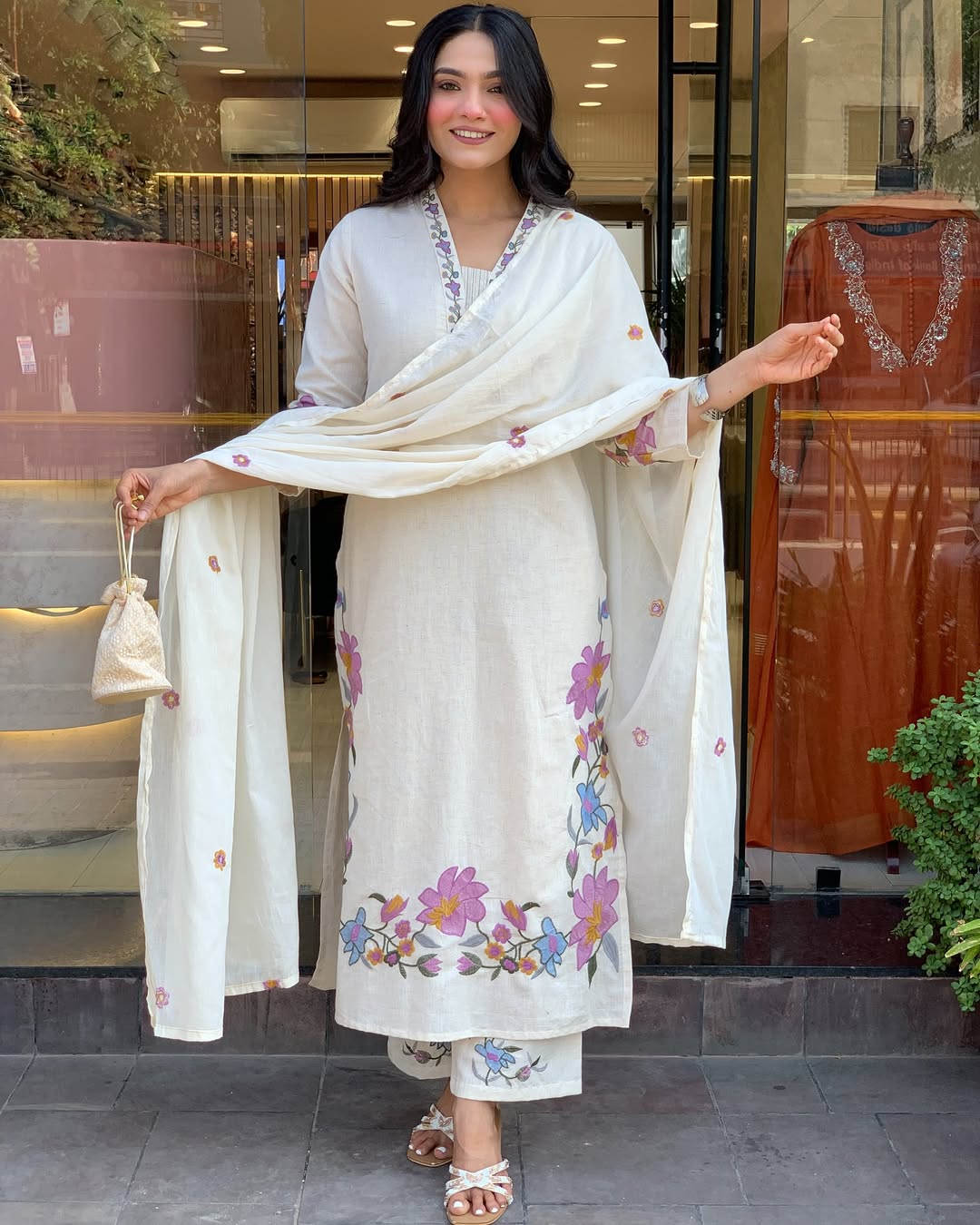 Off-White Cotton Floral Embroidered Kurta Pant Set with Dupatta