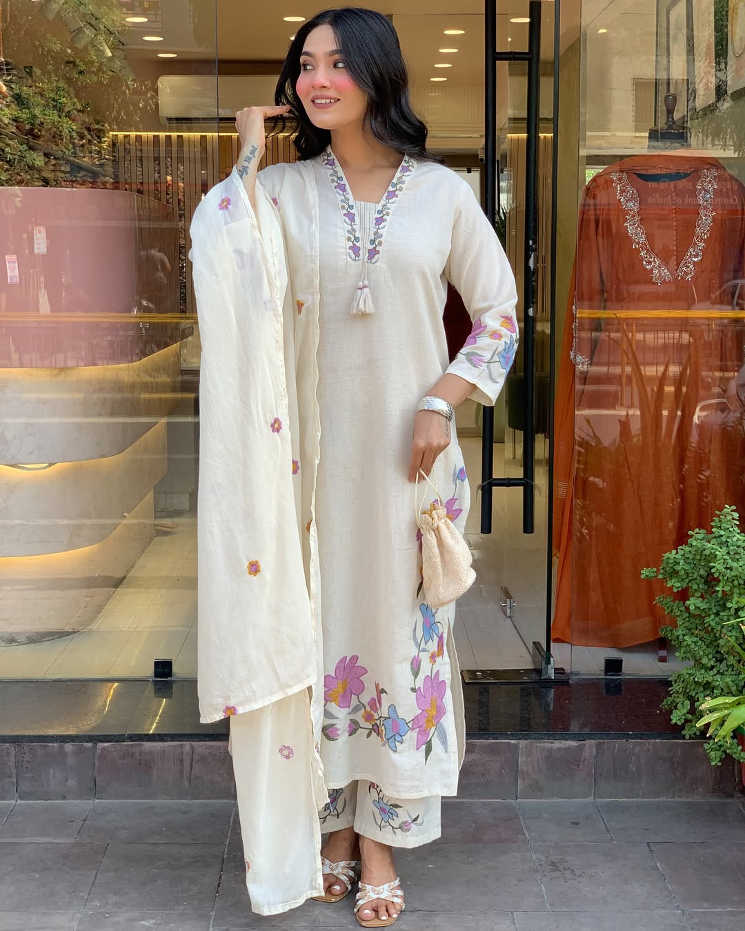 Off-White Cotton Floral Embroidered Kurta Pant Set with Dupatta