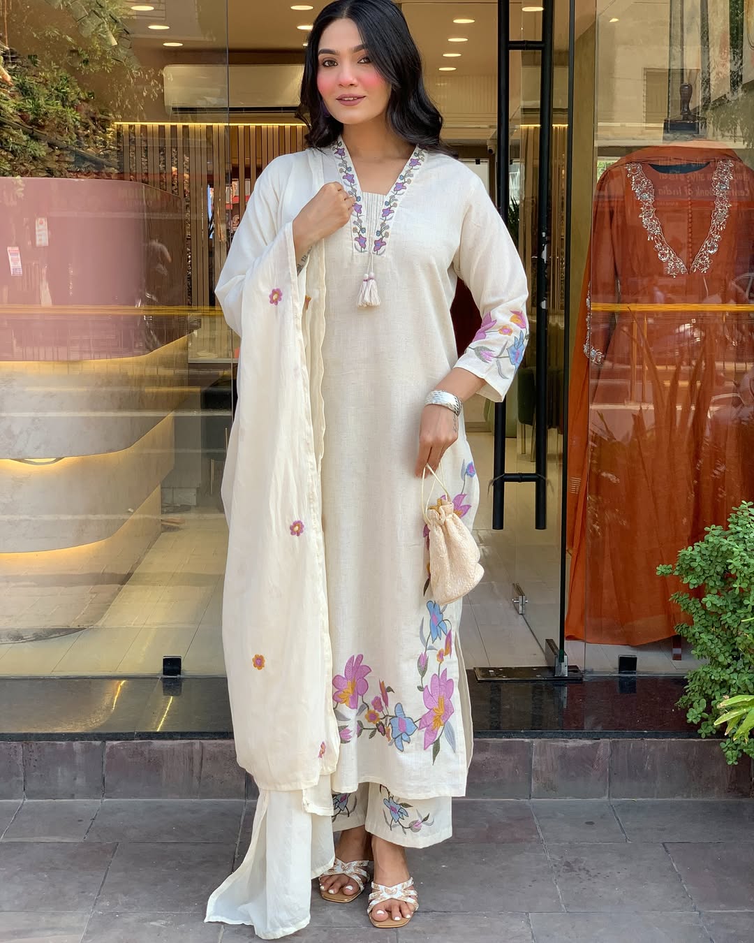 Off-White Cotton Floral Embroidered Kurta Pant Set with Dupatta