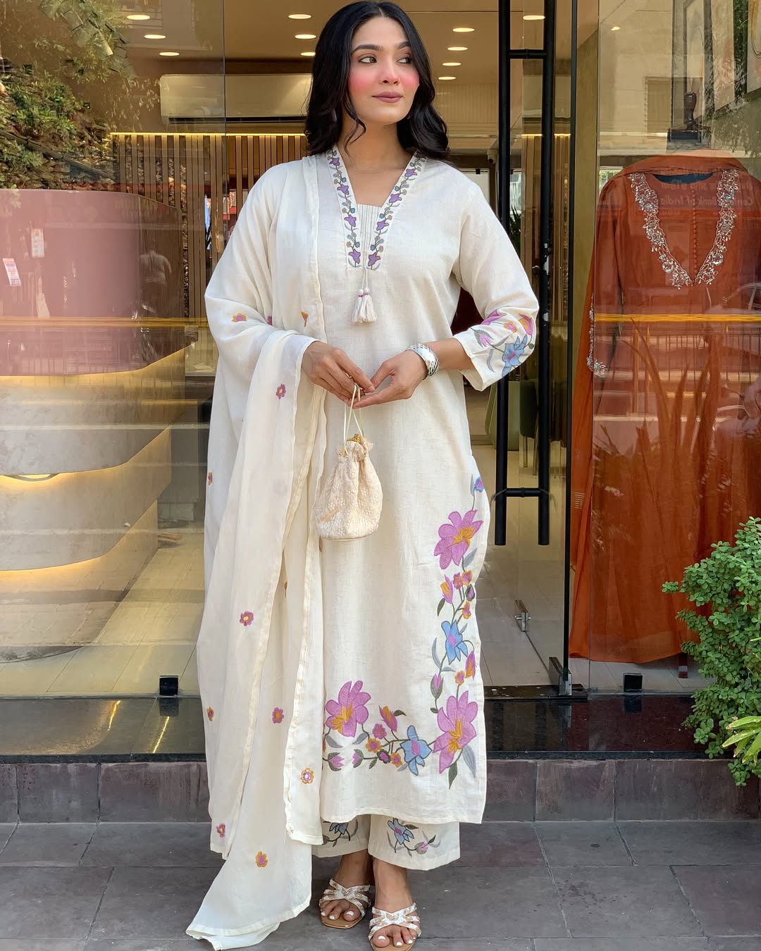 Off-White Cotton Floral Embroidered Kurta Pant Set with Dupatta