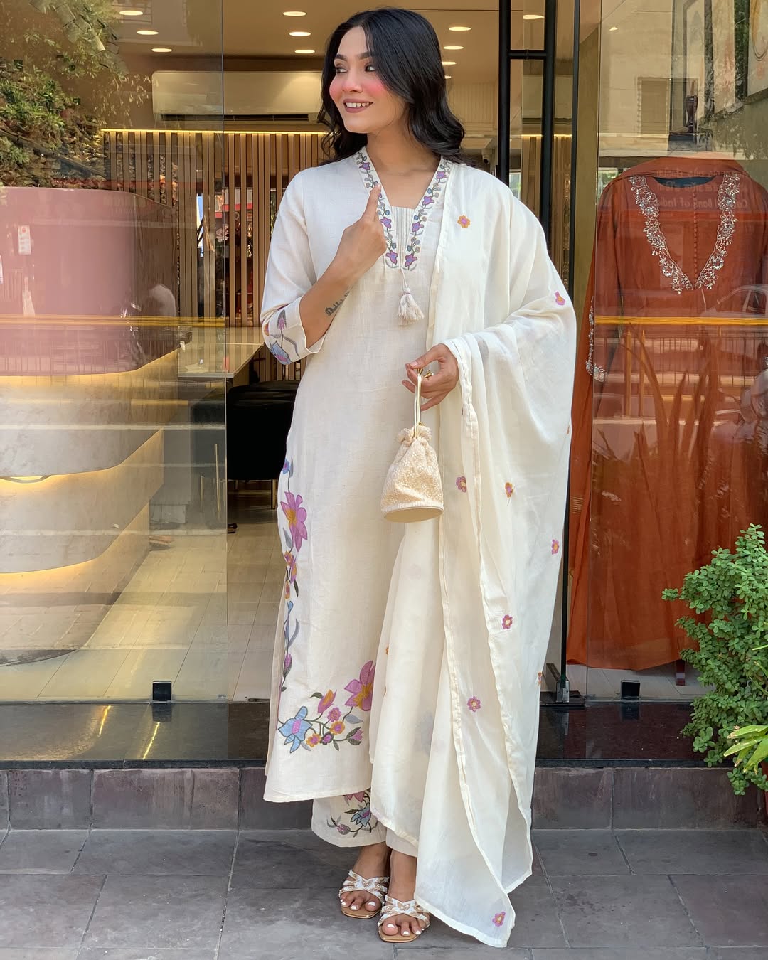 Off-White Cotton Floral Embroidered Kurta Pant Set with Dupatta