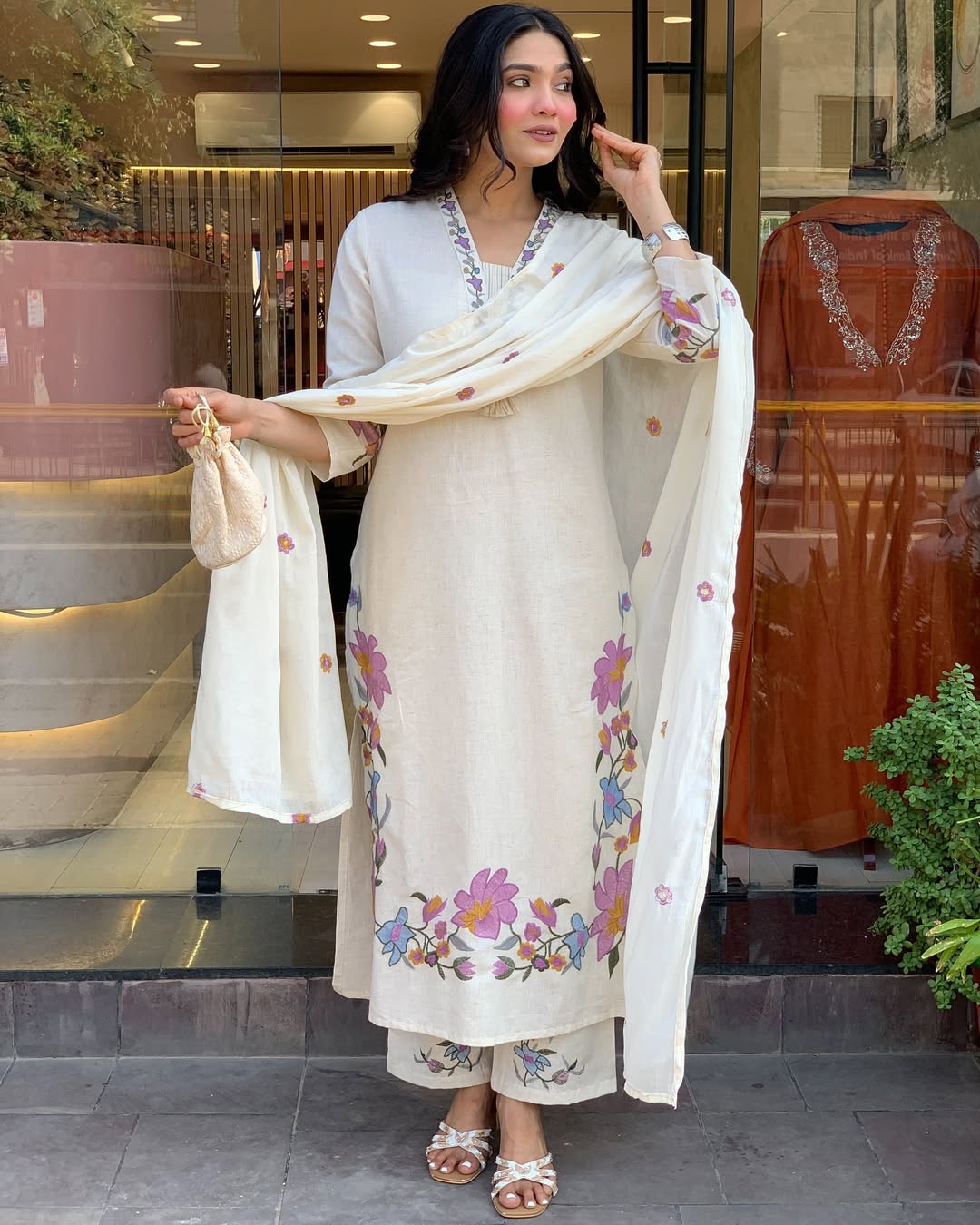 Off-White Cotton Floral Embroidered Kurta Pant Set with Dupatta