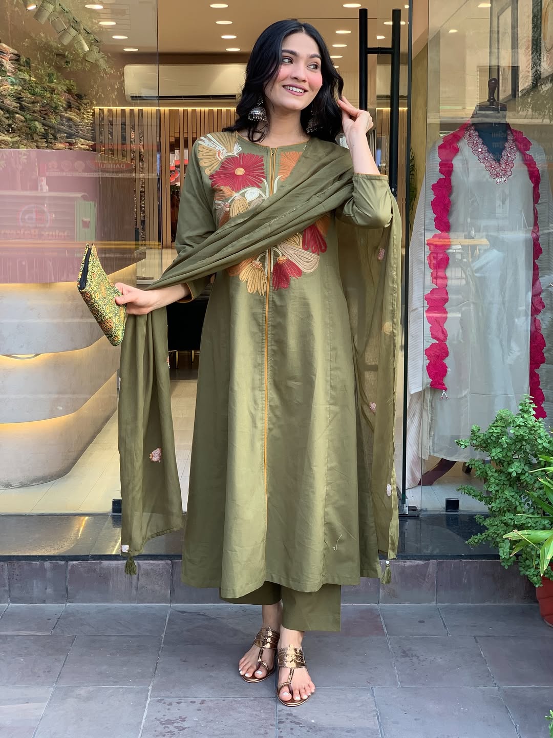 Premium Mehandi  Floral Embroidered Kurta Set with Dupatta