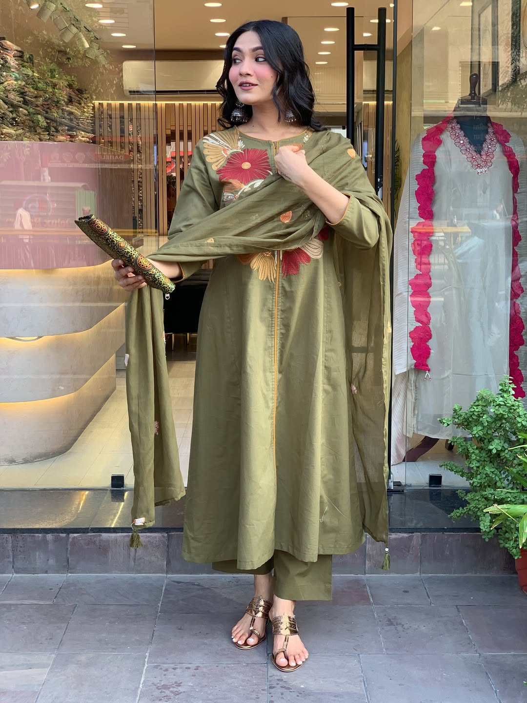 Premium Mehandi  Floral  Kurta Set with Dupatta