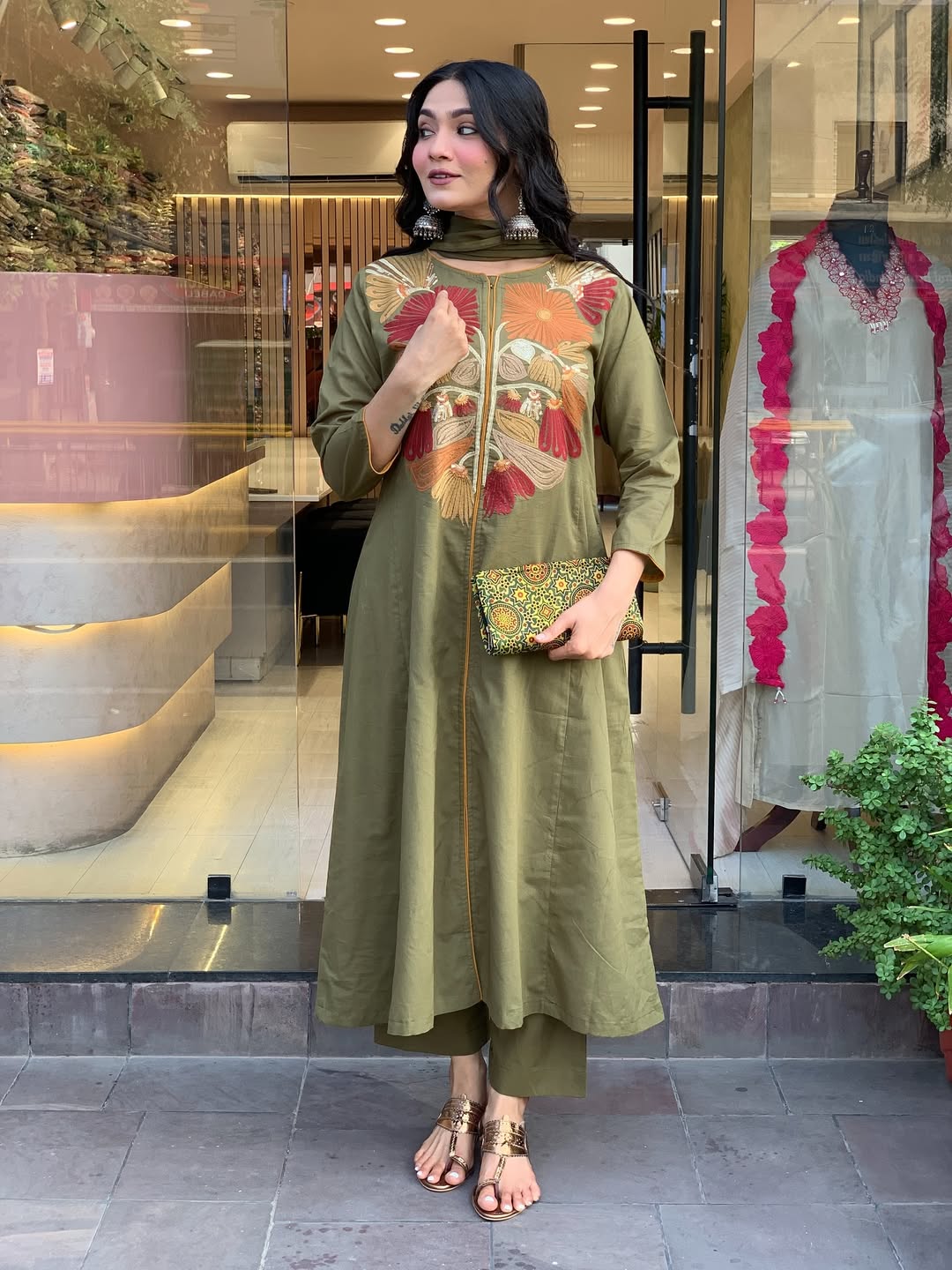 Premium Mehandi  Floral Embroidered Kurta Set with Dupatta