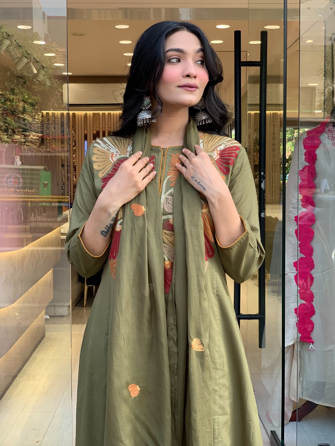 Premium Mehandi  Floral  Kurta Set with Dupatta