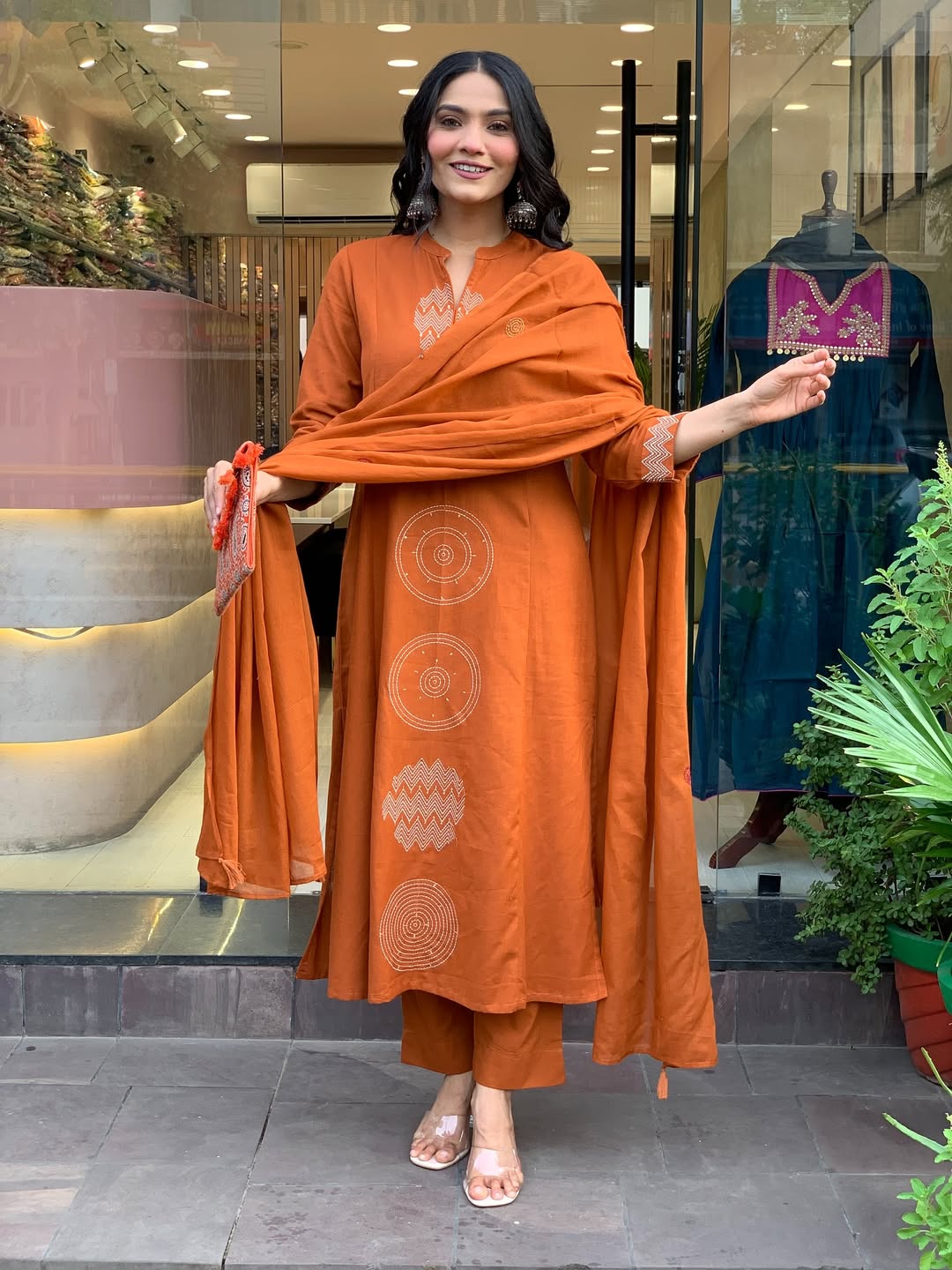 Rust Orange Premium Mul Cotton Embroidered Kurta Set with Dupatta