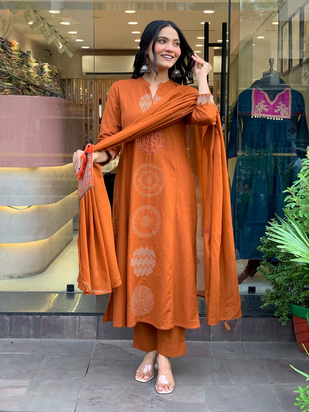 Rust Orange Premium Mul Cotton Embroidered Kurta Set with Dupatta