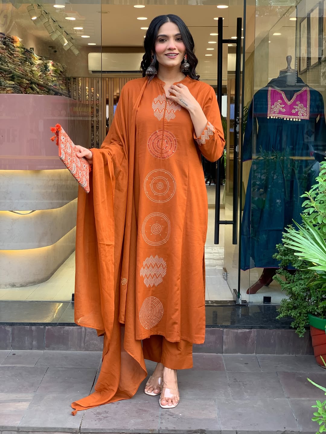 Rust Orange Premium Mul Cotton Embroidered Kurta Set with Dupatta
