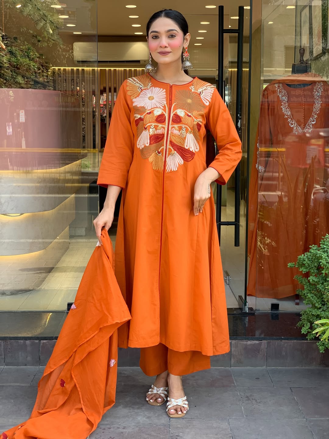 Premium Rust Orange Floral Embroidered Kurta Set with Dupatta