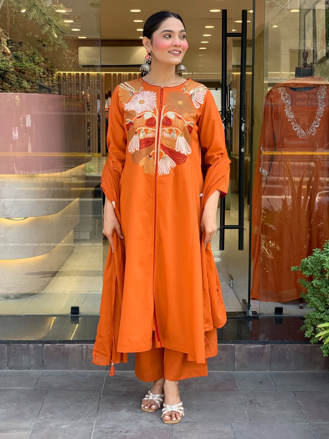 Premium Rust Orange Floral Embroidered Kurta Set with Dupatta