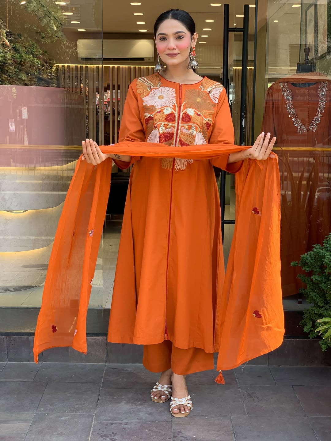 Premium Rust Orange Floral Embroidered Kurta Set with Dupatta
