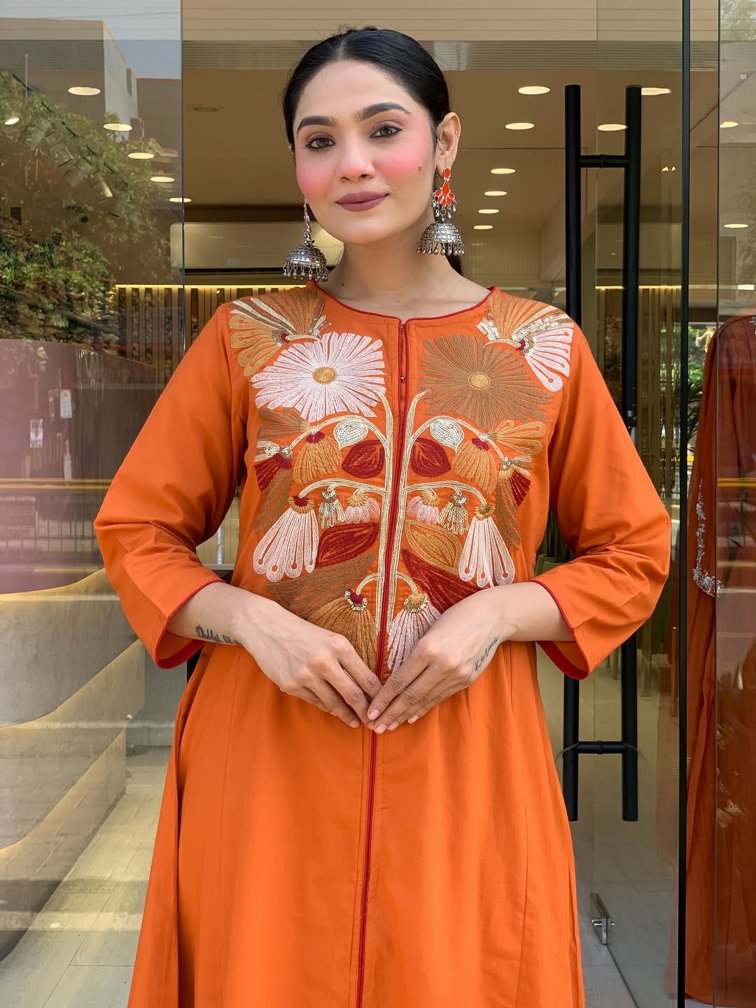 Premium Rust Orange Floral Embroidered Kurta Set with Dupatta