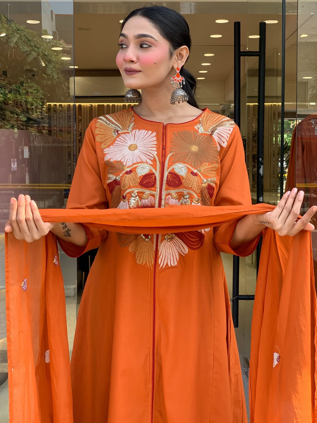 Premium Rust Orange Floral Embroidered Kurta Set with Dupatta