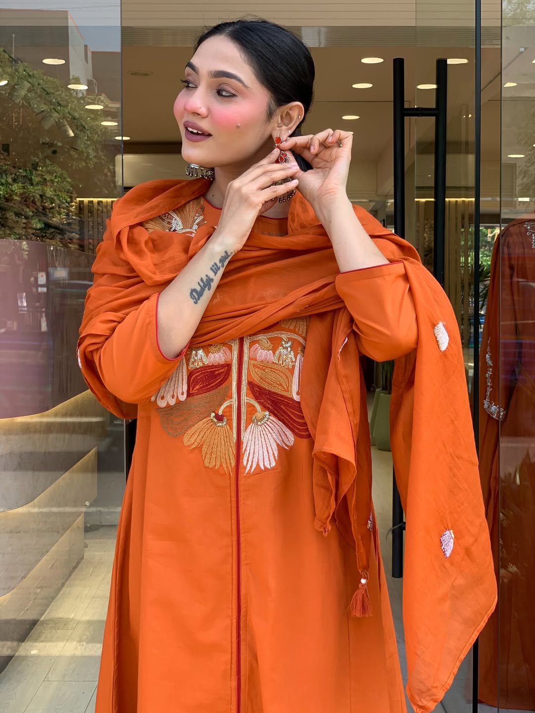 Premium Rust Orange Floral Embroidered Kurta Set with Dupatta