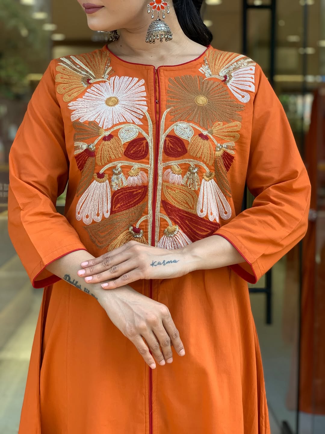 Premium Rust Orange Floral Embroidered Kurta Set with Dupatta