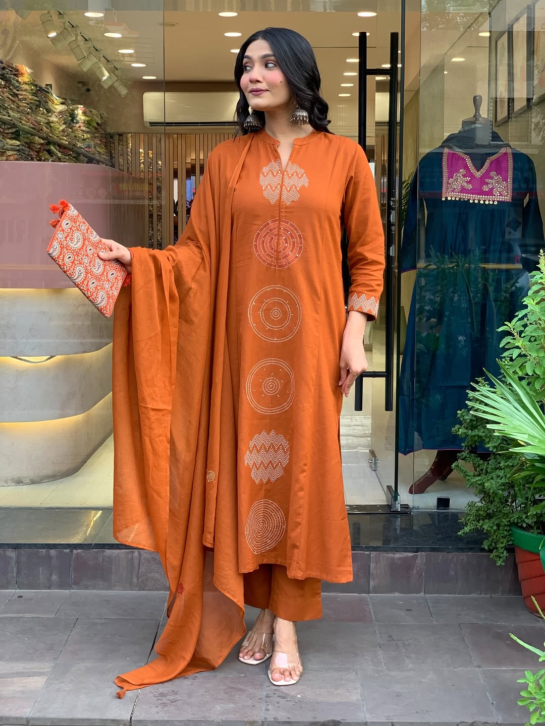 Rust Orange Premium Mul Cotton Embroidered Kurta Set with Dupatta