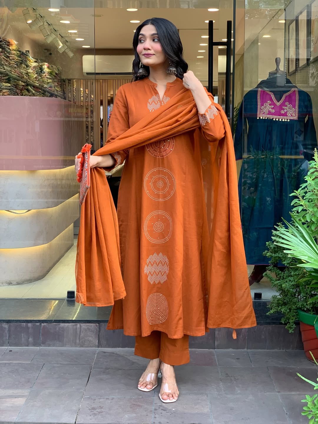 Rust Orange Premium Mul Cotton Embroidered Kurta Set with Dupatta