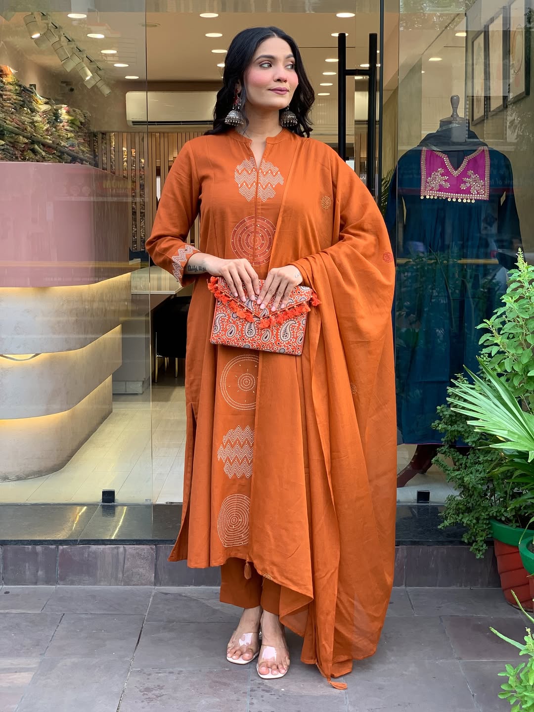 Rust Orange Premium Mul Cotton Embroidered Kurta Set with Dupatta