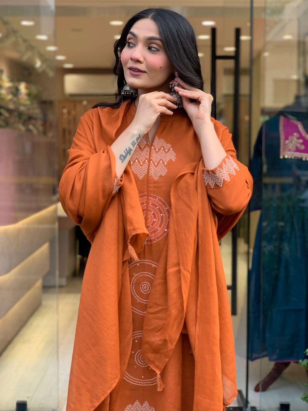 Rust Orange Premium Mul Cotton Embroidered Kurta Set with Dupatta