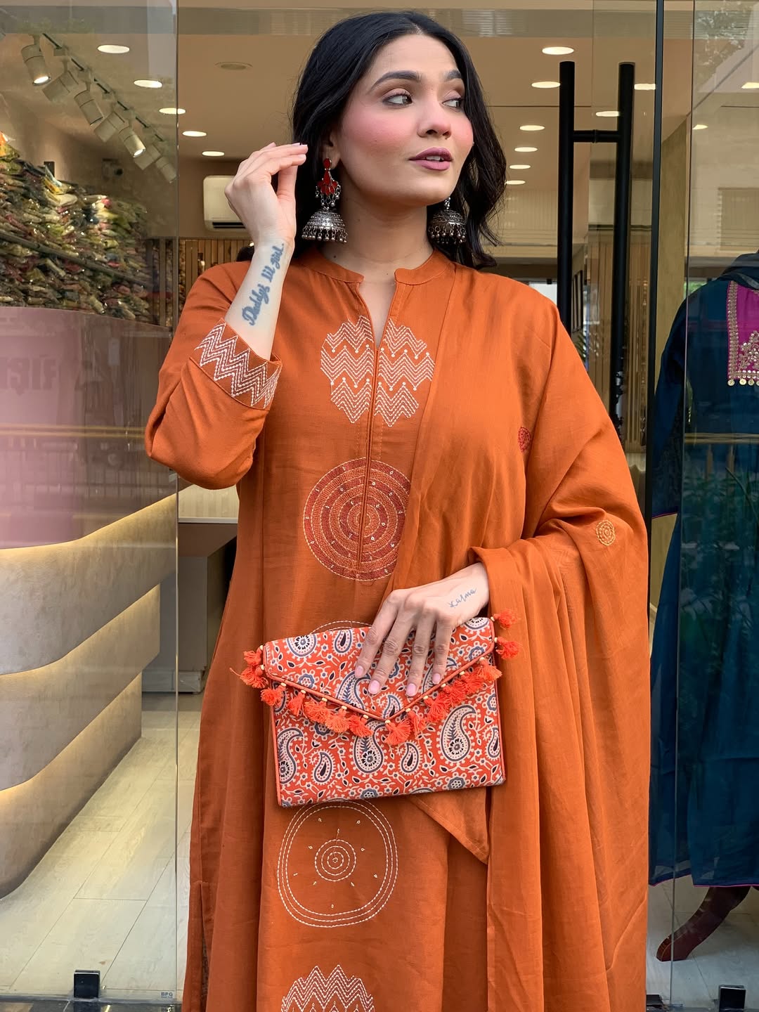 Rust Orange Premium Mul Cotton Embroidered Kurta Set with Dupatta