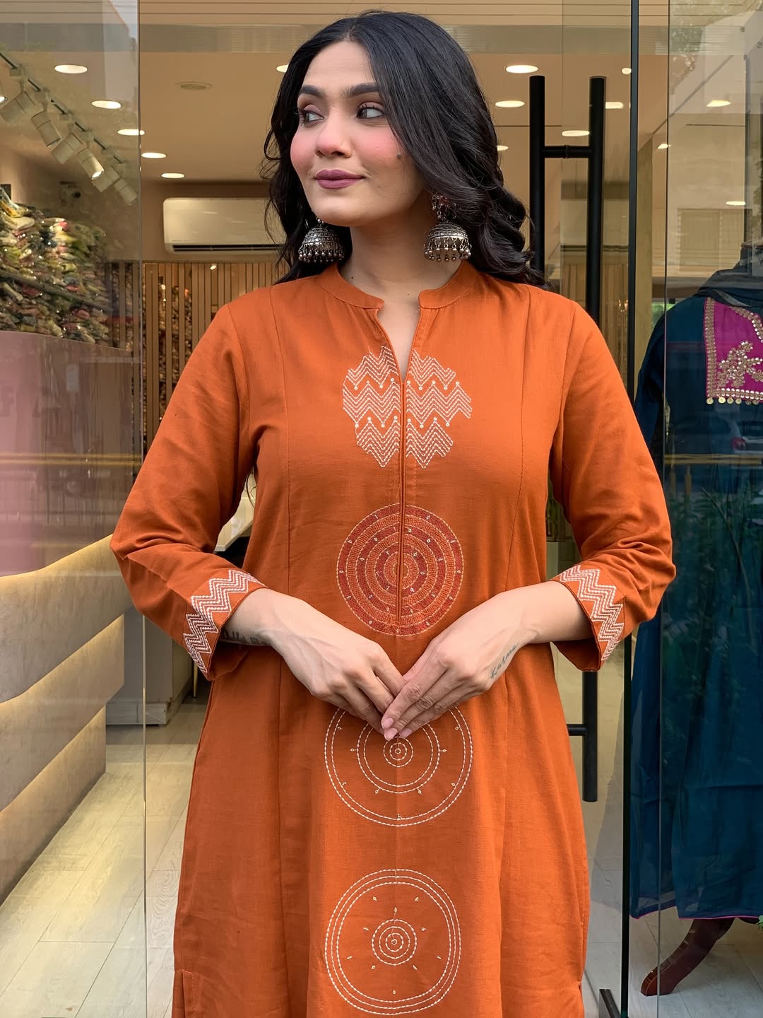 Rust Orange Premium Mul Cotton Embroidered Kurta Set with Dupatta