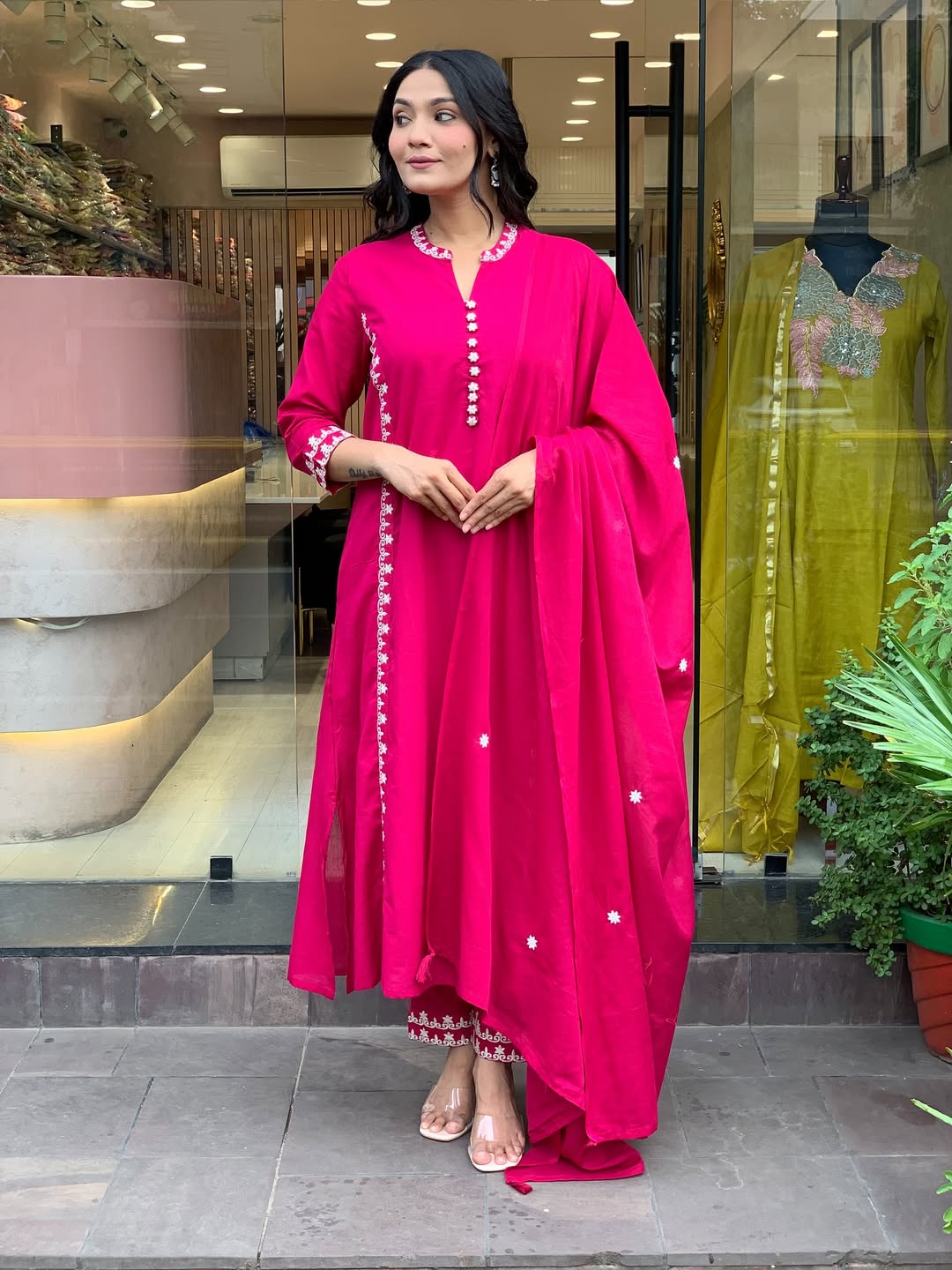 Hot Pink Mul Cotton Embroidered Kurta Set with Dupatta