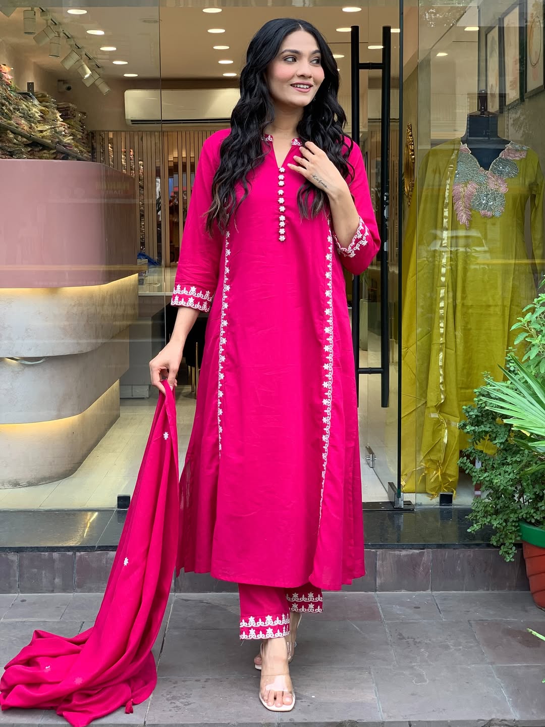 Hot Pink Mul Cotton Embroidered Kurta Set with Dupatta