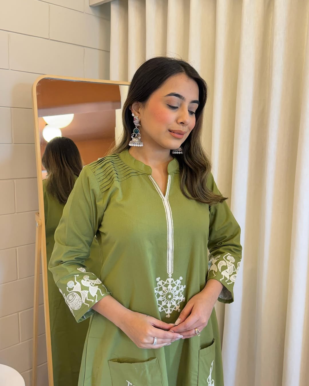 Olive Green Flex Cotton Embroidered Coord Set