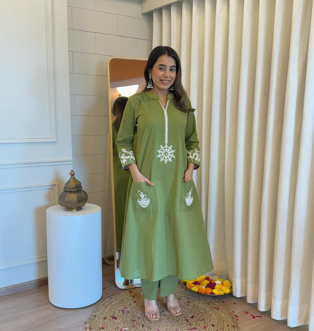 Olive Green Flex Cotton Embroidered Coord Set