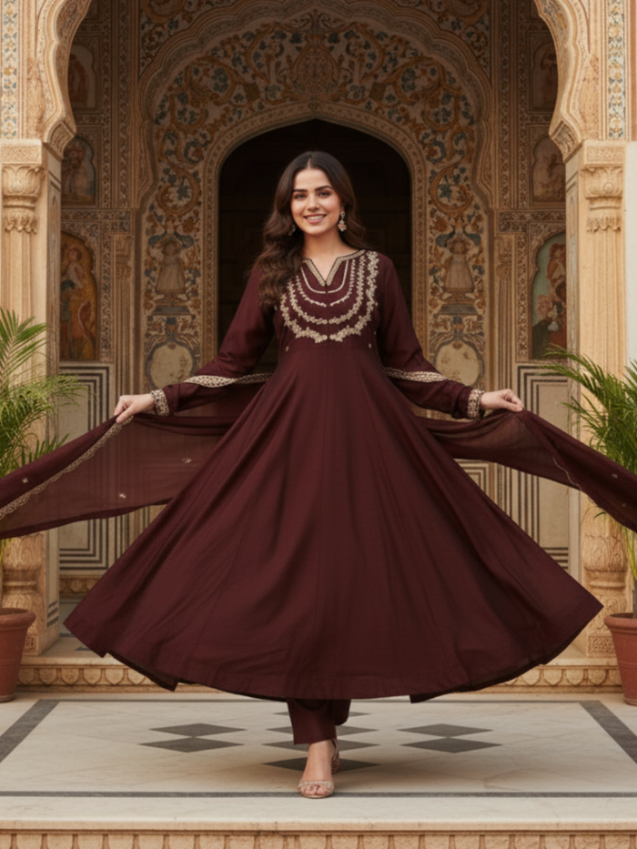 Elegant Brown Embroidered Kurta Set with Dupatta for Women