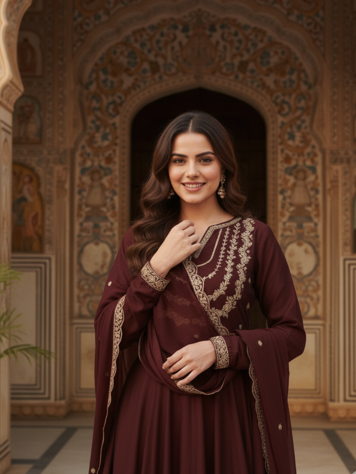 Elegant Brown Embroidered Kurta Set with Dupatta for Women