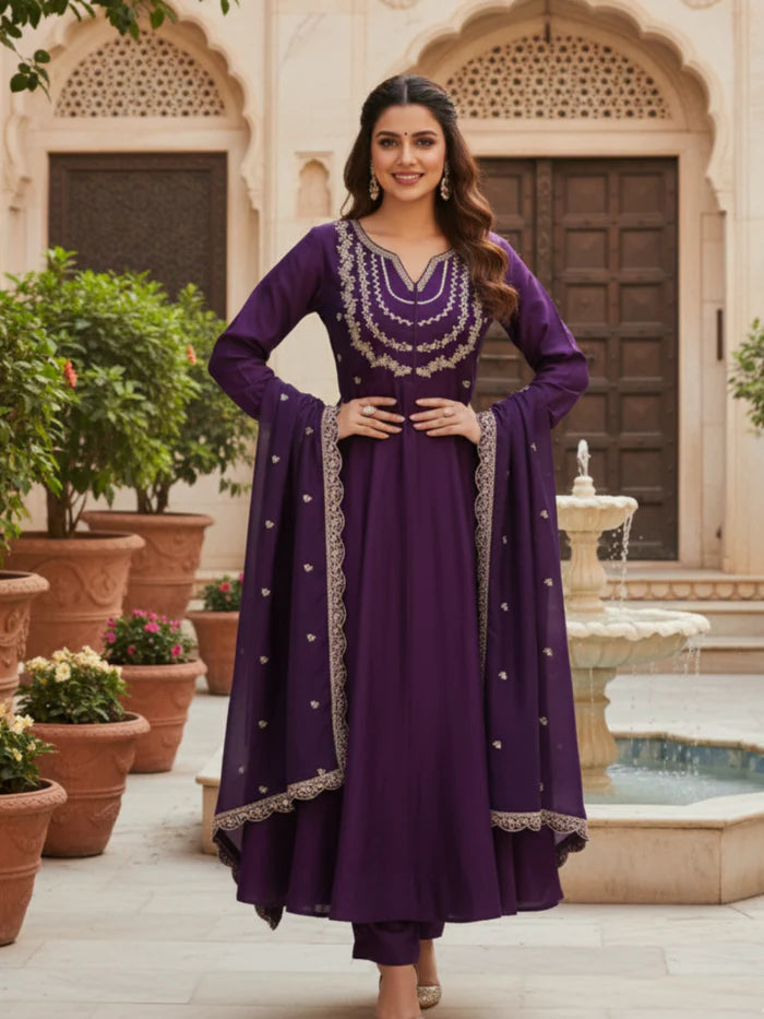 Elegant Purple Embroidered Kurta Set with Dupatta for Women